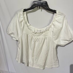 American Eagle Outfitters Cream Smocked Square-Neck Puff Sleeve Top